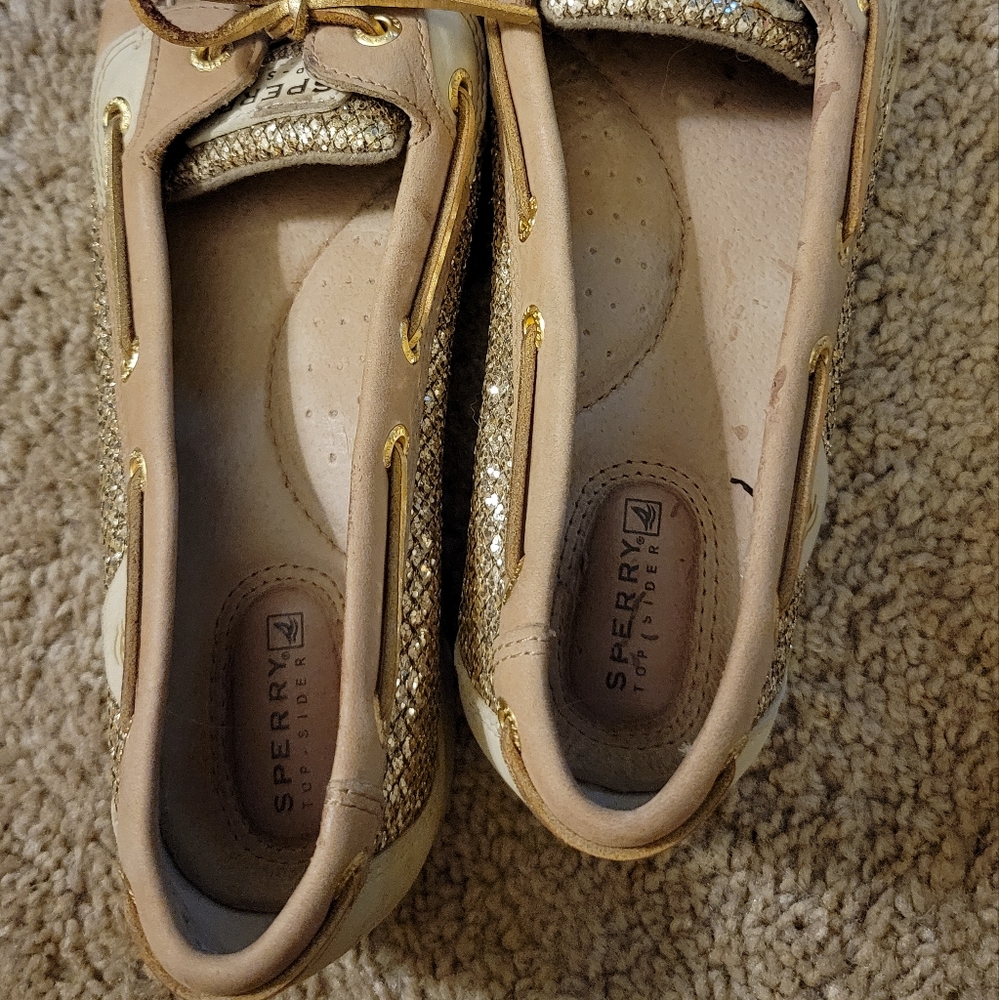 Sperry Top-sider Angelfish tan leather gold sequin boat shoes - Picture 4 of 7